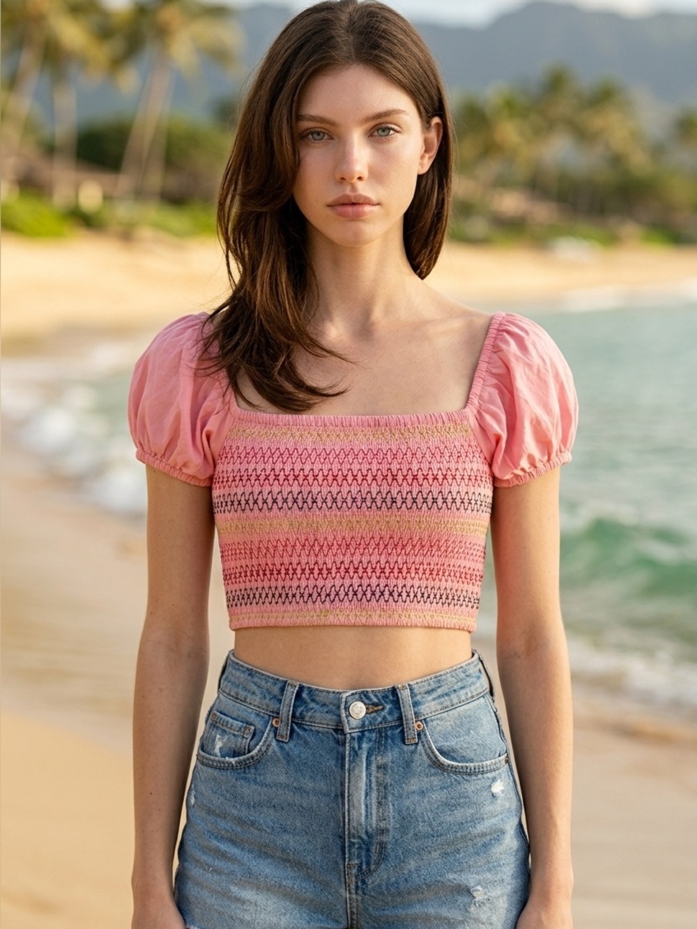 Lovers + Friends Pink Smocked Off-Shoulder Crop Top
